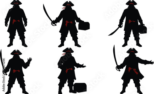 A set of pirate silhouettes holding a sword and a treasure chest, representing adventure, history, and piracy.