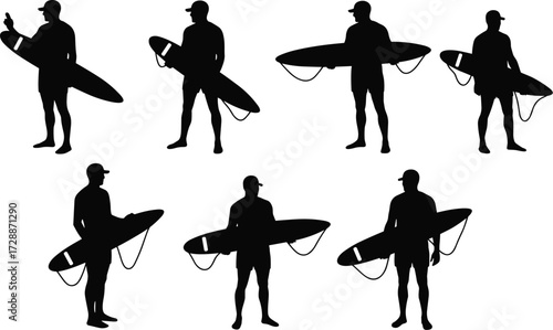 A set of male surfers' silhouettes standing with surfboards, representing water sports, lifestyle, and summer.