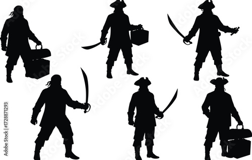 A set of pirate silhouettes holding a treasure chest and a cutlass, representing adventure, history, and piracy.