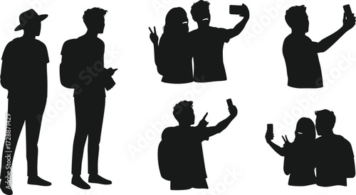 A set of silhouettes of young people taking selfies and standing with phones on a white background.