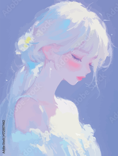A serene young woman with pale blonde hair adorned with a flower gazes calmly downward. Soft pastel colors create a dreamy atmosphere, enhancing her beauty.
