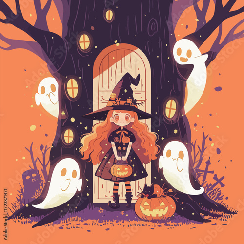 A cheerful young witch with flowing hair holds a pumpkin as she stands at a tree door. Friendly ghosts hover around her in a Halloween setting filled with fun.