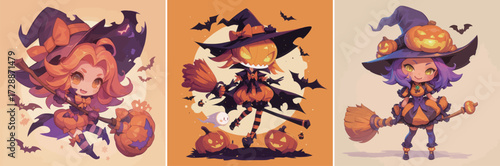 Three cheerful witches in vibrant costumes, riding brooms and surrounded by pumpkins. Each witch has unique features, engaging with Halloween elements in a playful scene.
