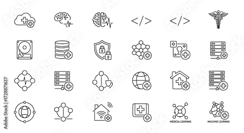 Digital health, artificial intelligence, and data technology line icons. Concepts include smart healthcare, secure data, cloud computing, and medical innovation solutions