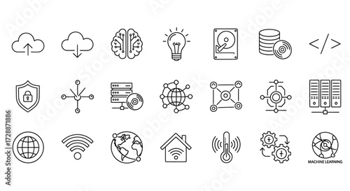Essential collection of modern technology line icons for digital transformation, artificial intelligence, cloud computing, data analytics, and the internet of things