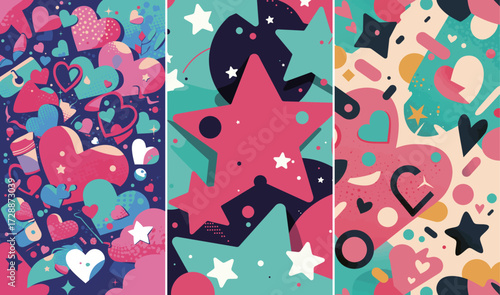 Three vibrant abstract patterns showcase playful hearts and stars in bright colors. The designs create a fun, cheerful atmosphere perfect for various creative projects.