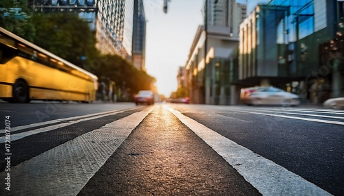 urban street scene captured from ground level showcasing textured asphalt with blurred bus stop and city traffic in soft focus background creating a dynamic perspective of metropolitan mobility