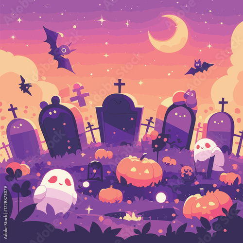 A playful graveyard scene features cute ghosts and pumpkins surrounded by gravestones. Bats fly above under a starry sky, creating a fun Halloween atmosphere.