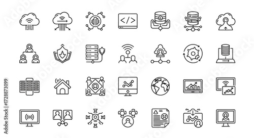 A comprehensive set of modern technology and network line icons for digital solutions, cloud computing, data management, and business infrastructure illustration