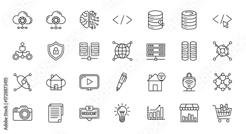 Comprehensive collection of modern technology and digital business line icons illustrating concepts of data management, cloud computing, and smart analytics solutions for various applications