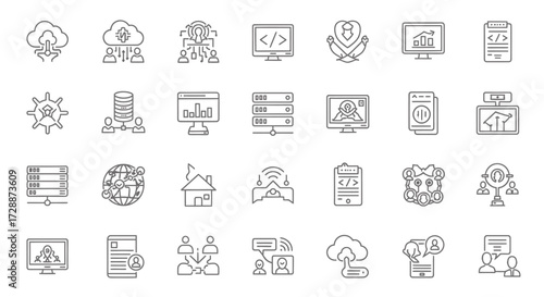 Comprehensive collection of modern line icons representing digital technology, cloud computing, networking, data management, and online services