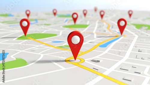 Detailed city map with many red location pins