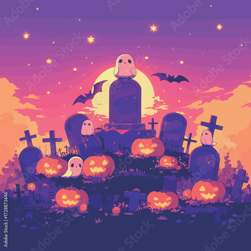 A colorful graveyard scene features playful ghosts hovering around tombstones, decorated pumpkins, and bats flying under a vibrant sunset sky filled with stars.
