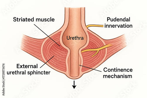 Anatomical illustration of the male urinary sphincter mechanism, showing the urethra, striated muscle, pudendal innervation, external urethral sphincter, and continence mechanism.