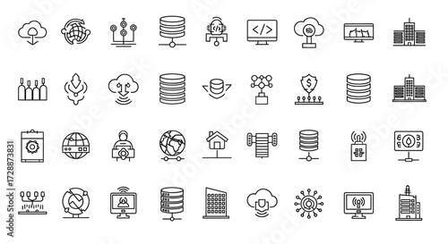 Comprehensive Collection of Modern Technology and Data Management Line Icons for Cloud Computing, Networking, and Digital Infrastructure Services