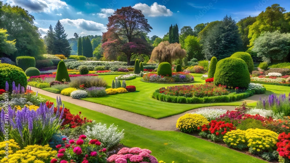 Obraz premium Beautiful Formal Garden with Colorful Flowers and Manicured Greenery in Summer