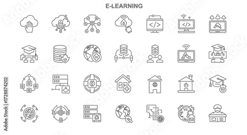 A comprehensive set of modern line icons illustrating digital education concepts, online learning platforms, remote academic solutions, and virtual classroom technologies for the future of knowledge