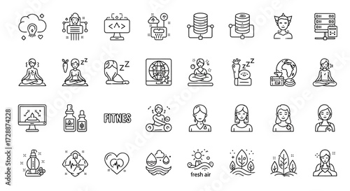 A versatile vector icon collection featuring health, mindfulness, digital technology, natural well-being, and creative innovation, designed for modern web and application interfaces