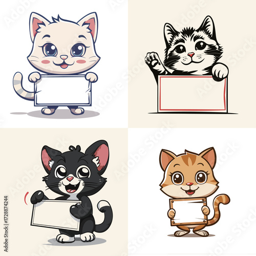 Four adorable cartoon animals include a cat and a raccoon, each holding blank signs. They are perfect for adding personal messages or marketing ideas.