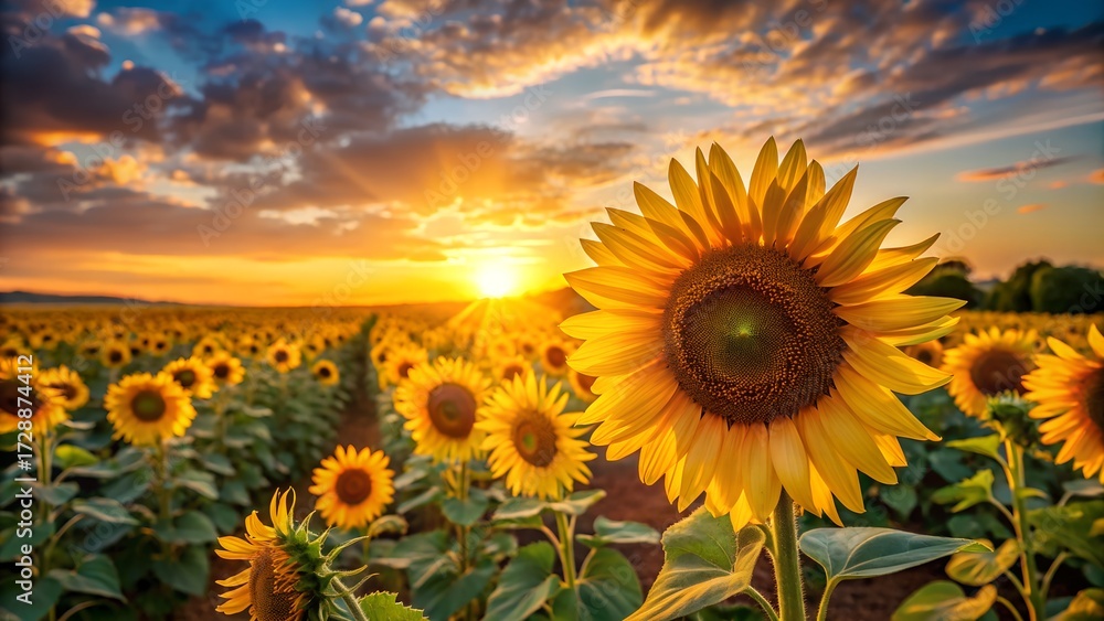 Fototapeta premium Golden Sunflower Field at Sunset with Dramatic Sky and Warm Light