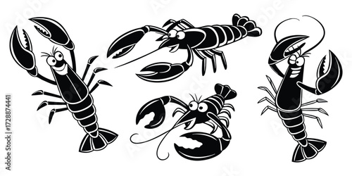 Collection of black and white illustrations of lobsters in various poses and styles