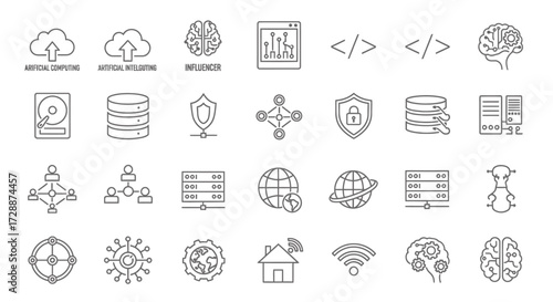 Modern Technology and Artificial Intelligence Line Icons Set for Digital Transformation, Data Management, Cloud Computing, and Network Security Concepts