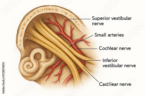Detailed medical illustration of the inner ear, showing vestibular and cochlear nerves and blood vessels.