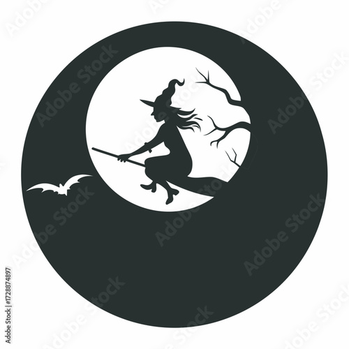 Halloween background with silhouette of a witch flying in the night sky