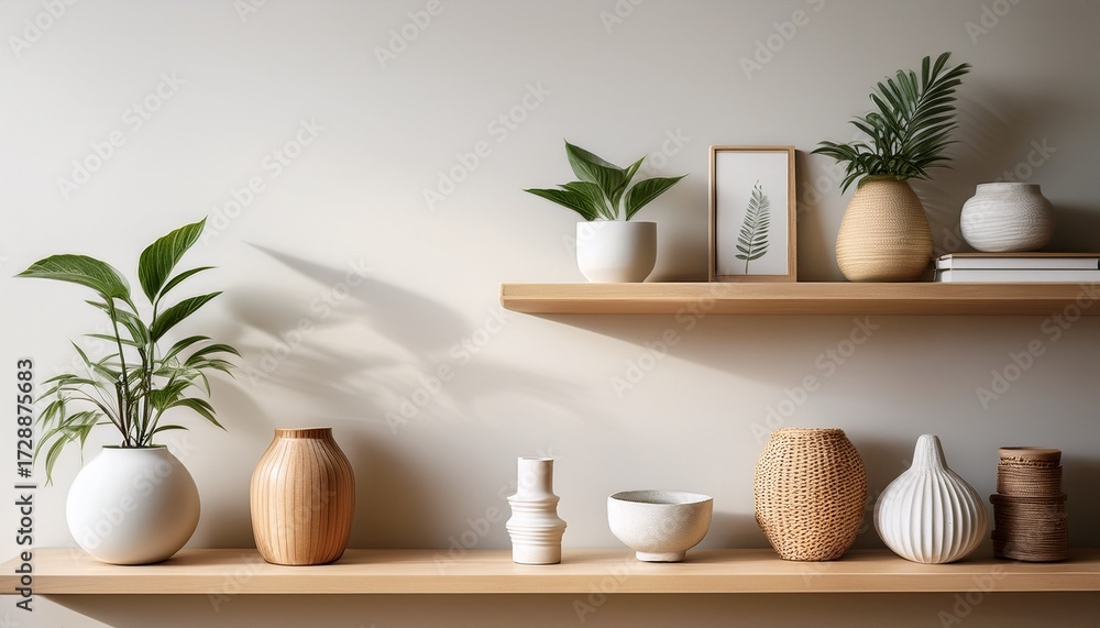 Fototapeta premium stylish home decor featuring minimalistic shelves and decorative objects