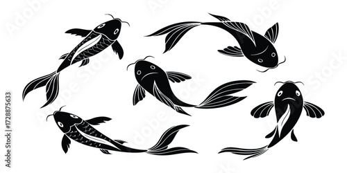 Artistic black and white illustration of seven koi fish swimming in a circular pattern