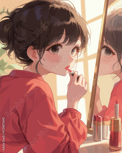 A young woman in a red top carefully applies lipstick while looking in a mirror. Sunlight floods the cheerful room, creating a warm atmosphere.