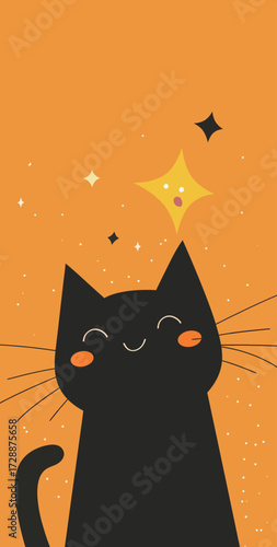 A cheerful black cat with a smiling face and orange cheeks stands out against a bright orange background. Stars twinkle around it, adding a playful touch.