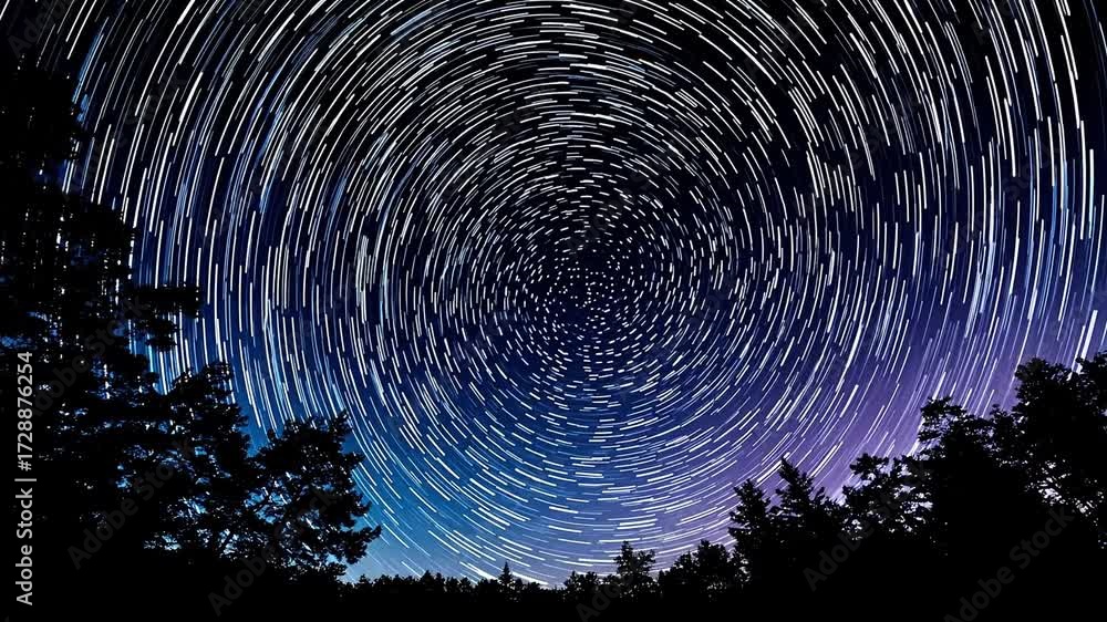 A star trail in the night sky with trees in the foreground Stock Video ...
