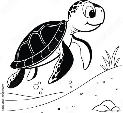 Cute cartoon sea turtle swimming happily in shallow ocean water near sandy shore and grass