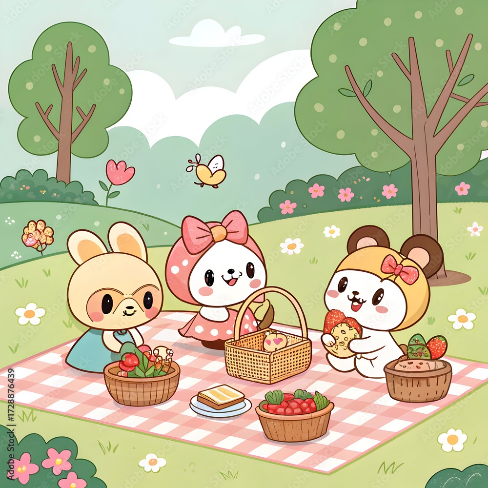 Fototapeta premium Adorable chibi anime characters enjoy a cheerful picnic, surrounded by cute food, blankets