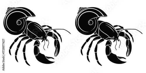 Two identical black and white stylized hermit crabs in shells facing right on a white background