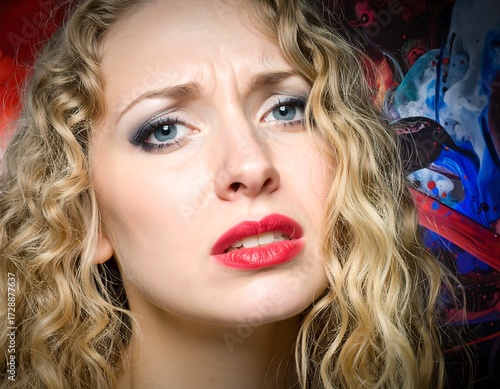 Woman with curly hair, worried expression