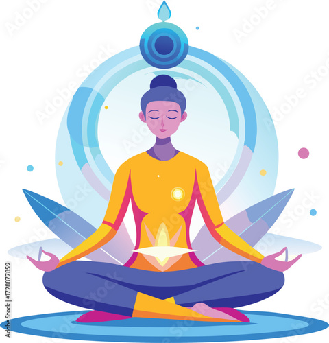 Woman Meditating in Lotus Pose Focusing on Third Eye and Solar Plexus Chakra