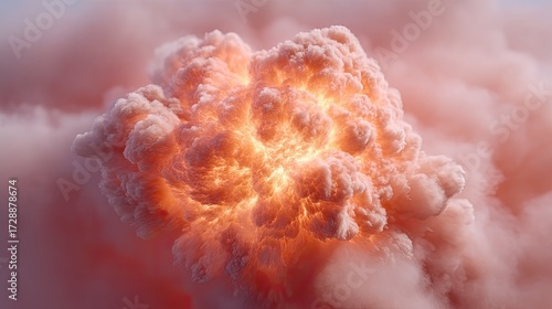 Dramatic Fiery Explosion of Orange Fireball with Ethereal Pink Smoke Clouds in a Cinematic Rendering Style