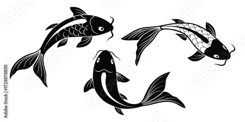 Three stylized black and white koi fish swimming in different directions with flowing fins and tails