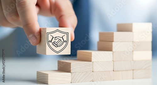 Hand placing wooden block with handshake and shield symbol on top of stack