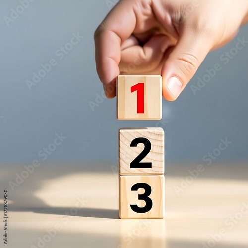 Hand placing wooden block with number one on top of number two and three