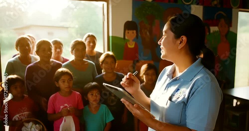 Teacher using a digital tablet to interact with students in a vibrant classroom setting creating a