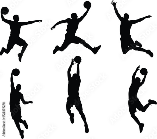  Silhouette vector illustration of basketball players performing slam dunk action, sports movement, athletic jump, basketball game pose, fitness and training design isolated