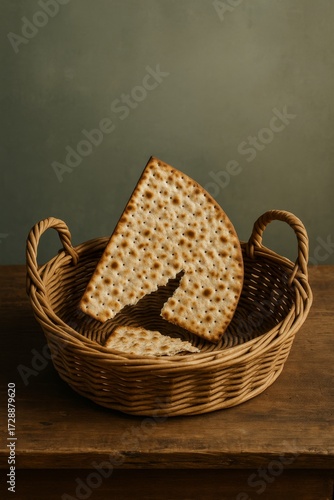 A piece of Matzah bread rests in a wicker basket on a wooden table, capturing the essence of the Passover celebration