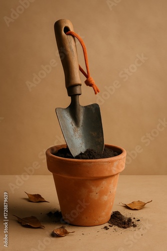 A small trowel standing upright inside a clay flower pot full of dirt with some dried leaves around.