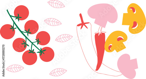 Cute appetizing Vegetables collection. Decorative abstract horizontal banner with colorful doodles. Hand-drawn modern illustrations with Vegetables, abstract elements.	
