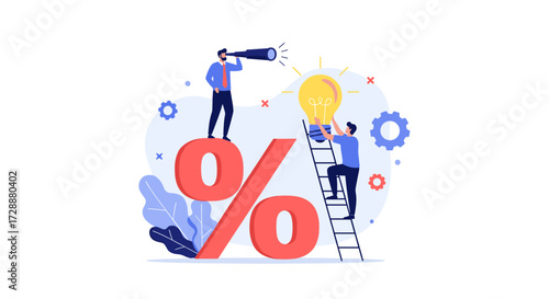 Two business people collaborating on a percentage symbol and lightbulb idea.