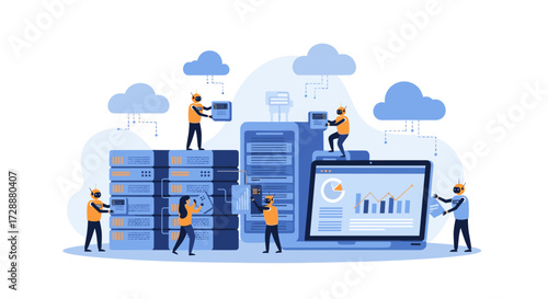 Illustrating the process of managing and organizing complex server infrastructure for efficient data operations and analysis.