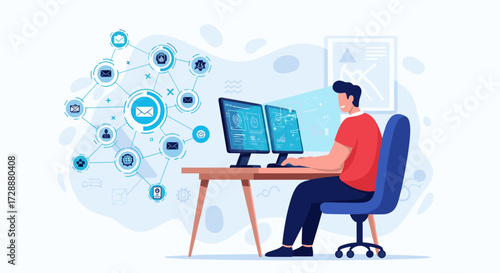 A person working on computers with a digital network overlay illustrating connectivity and communication.